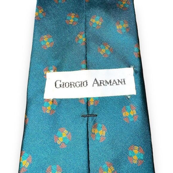 80s Giorgio Armani Teal Medallion Handmade in Italy 100% Silk Neck Tie - Picture 3 of 6